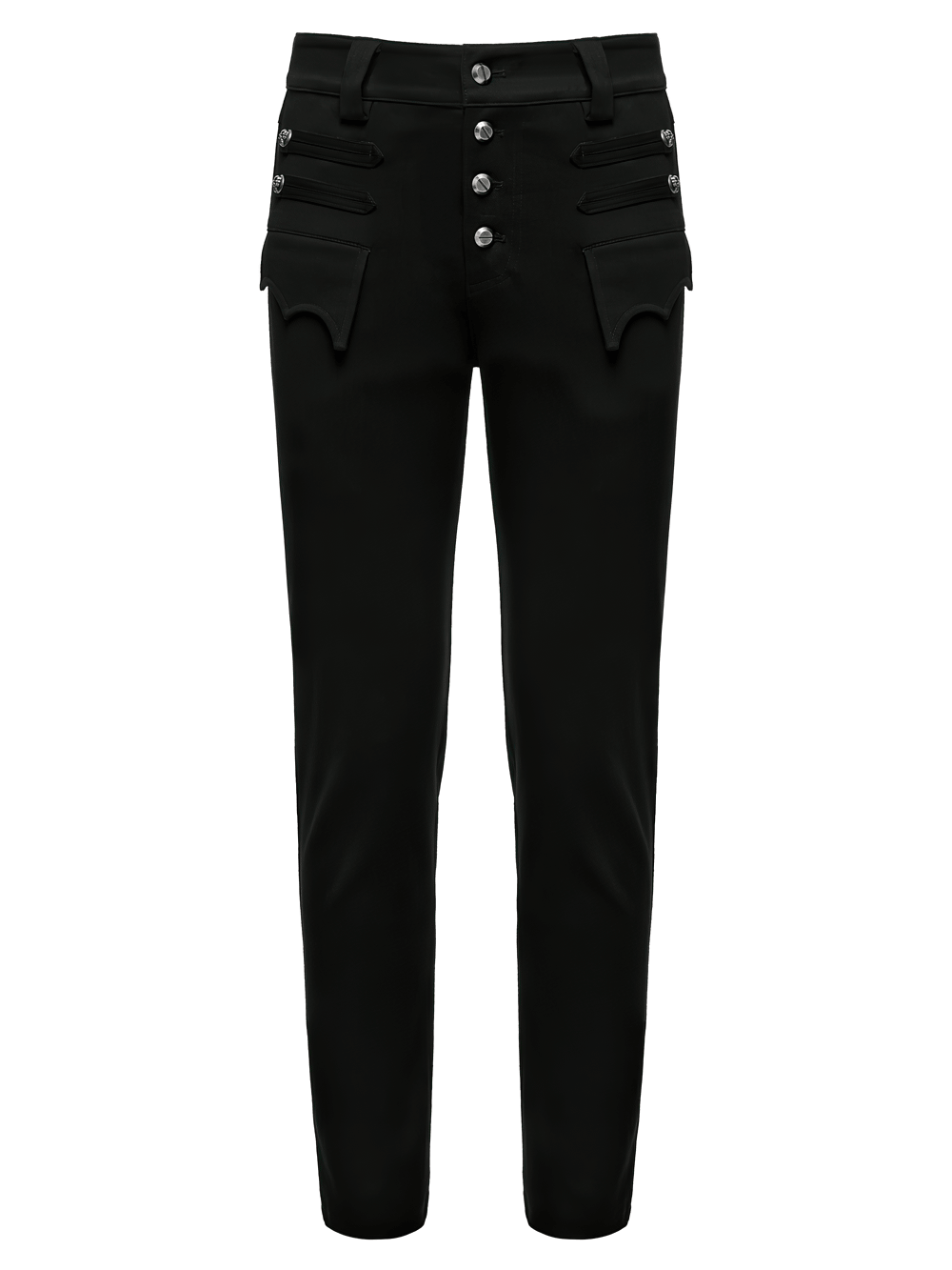 Men's Gothic High Waist Trousers with Snap Buttons, black stretch denim with punk flap pockets