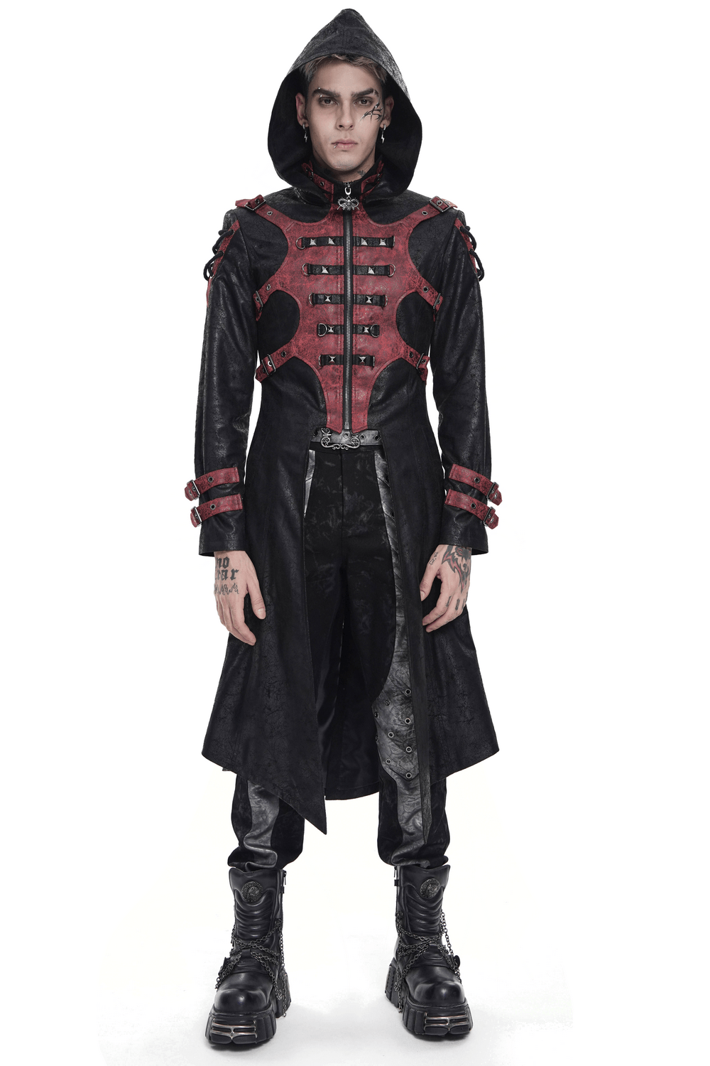 Men's Gothic Hooded Long Coat with Buckle Harness