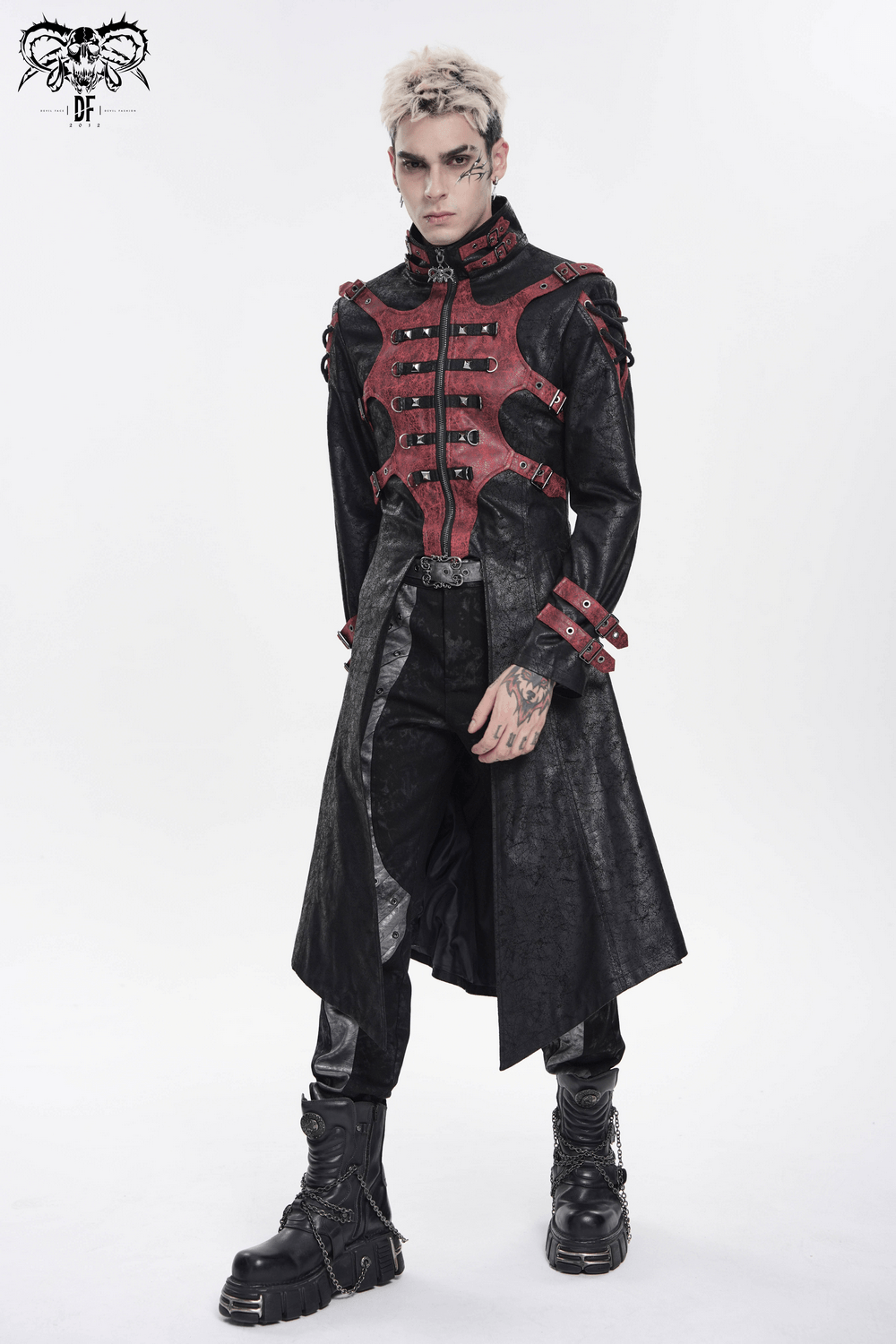 Men's Gothic Hooded Long Coat with Buckle Harness