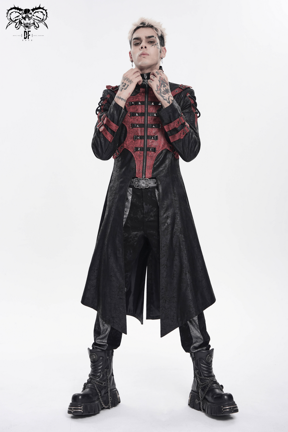 Men's Gothic Hooded Long Coat with Buckle Harness