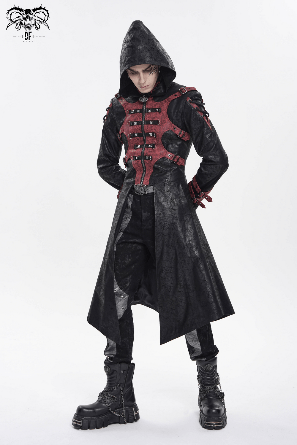 Men's Gothic Hooded Long Coat with Buckle Harness