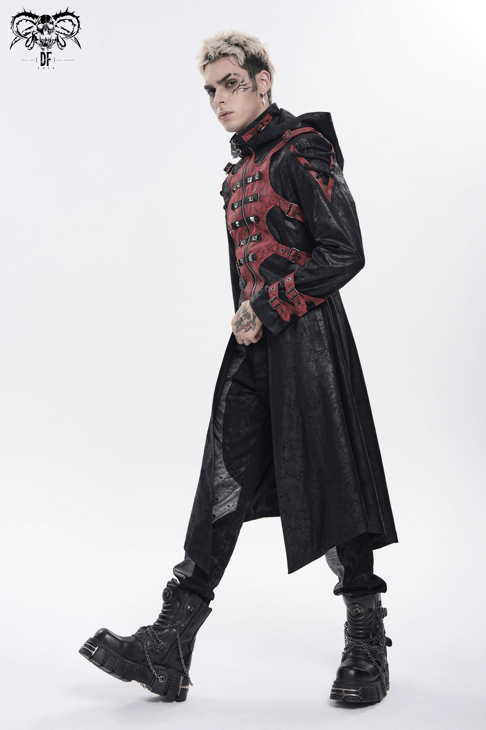 Men's Gothic Hooded Long Coat with Buckle Harness