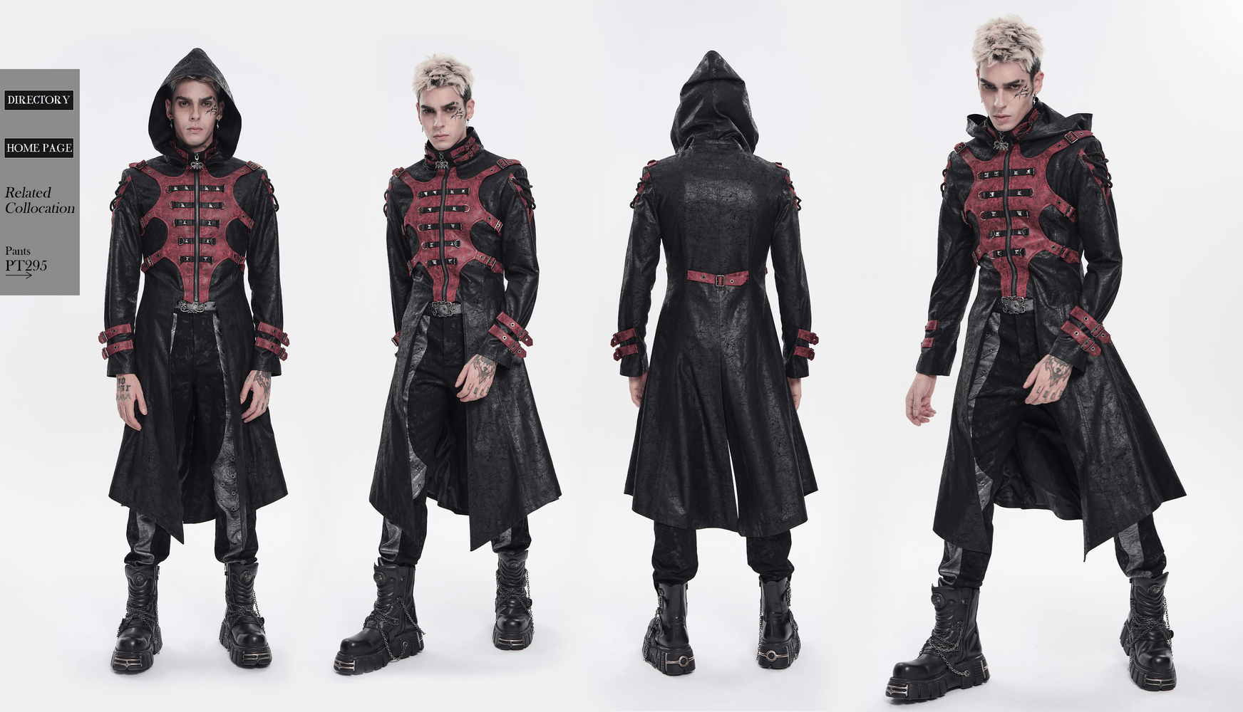 Men's Gothic Hooded Long Coat with Buckle Harness