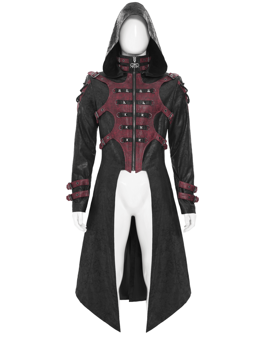 Men's Gothic Hooded Long Coat with Buckle Harness