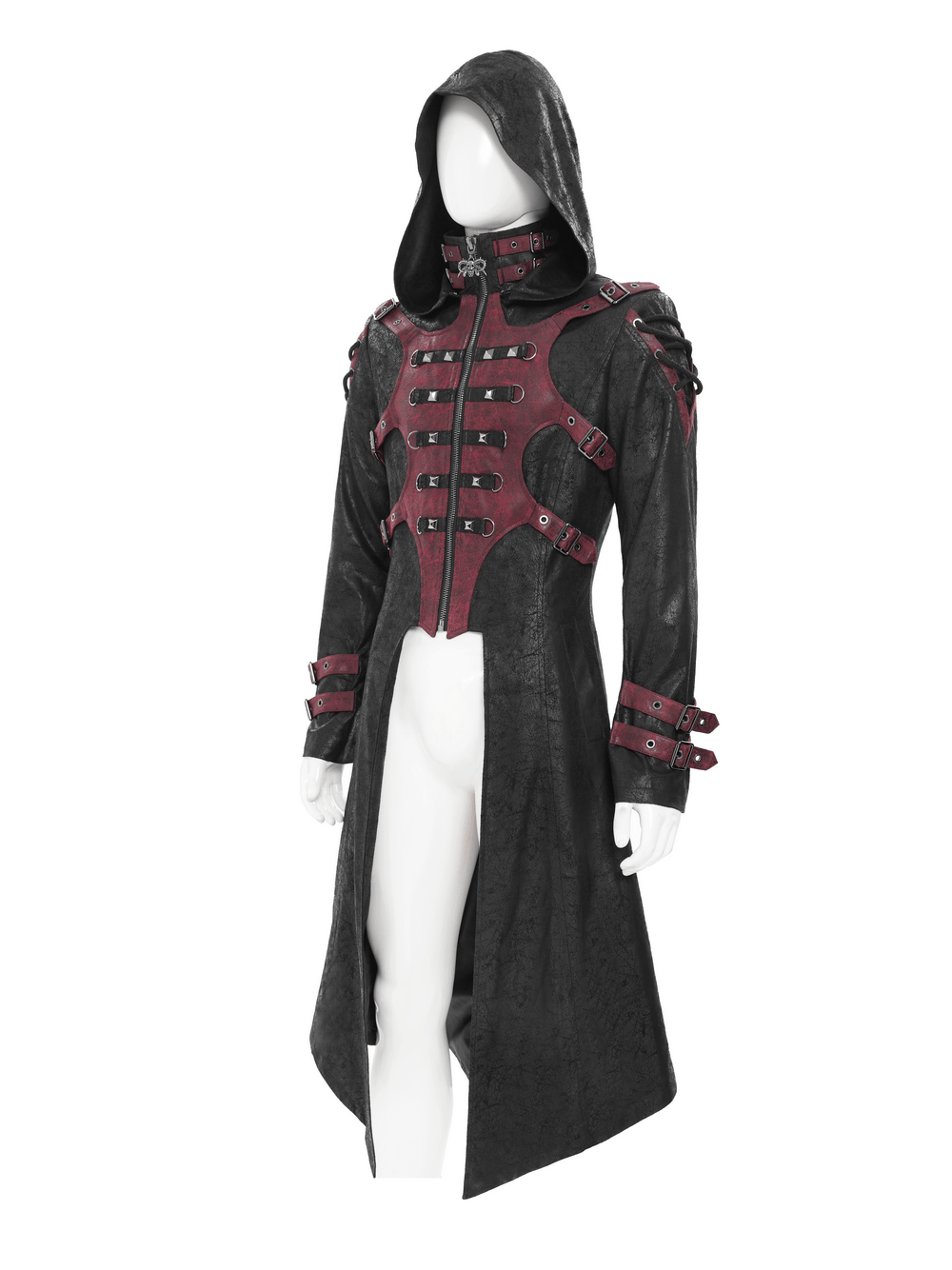 Men's Gothic Hooded Long Coat with Buckle Harness