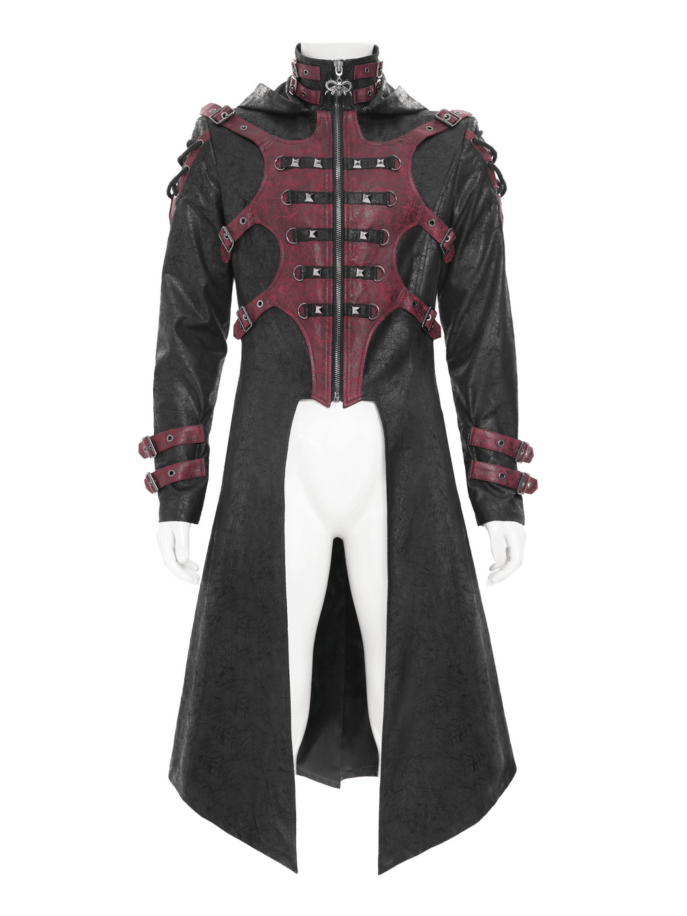 Men's Gothic Hooded Long Coat with Buckle Harness