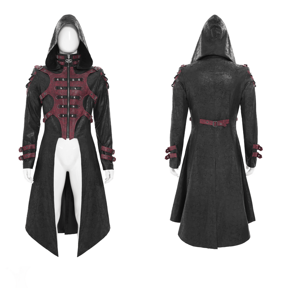 Men's Gothic Hooded Long Coat with Buckle Harness