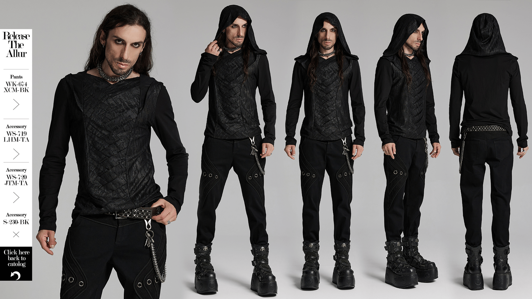 Men's gothic hooded top with unique overlapping front design, featuring tattered knit and dark silhouette for edgy style.