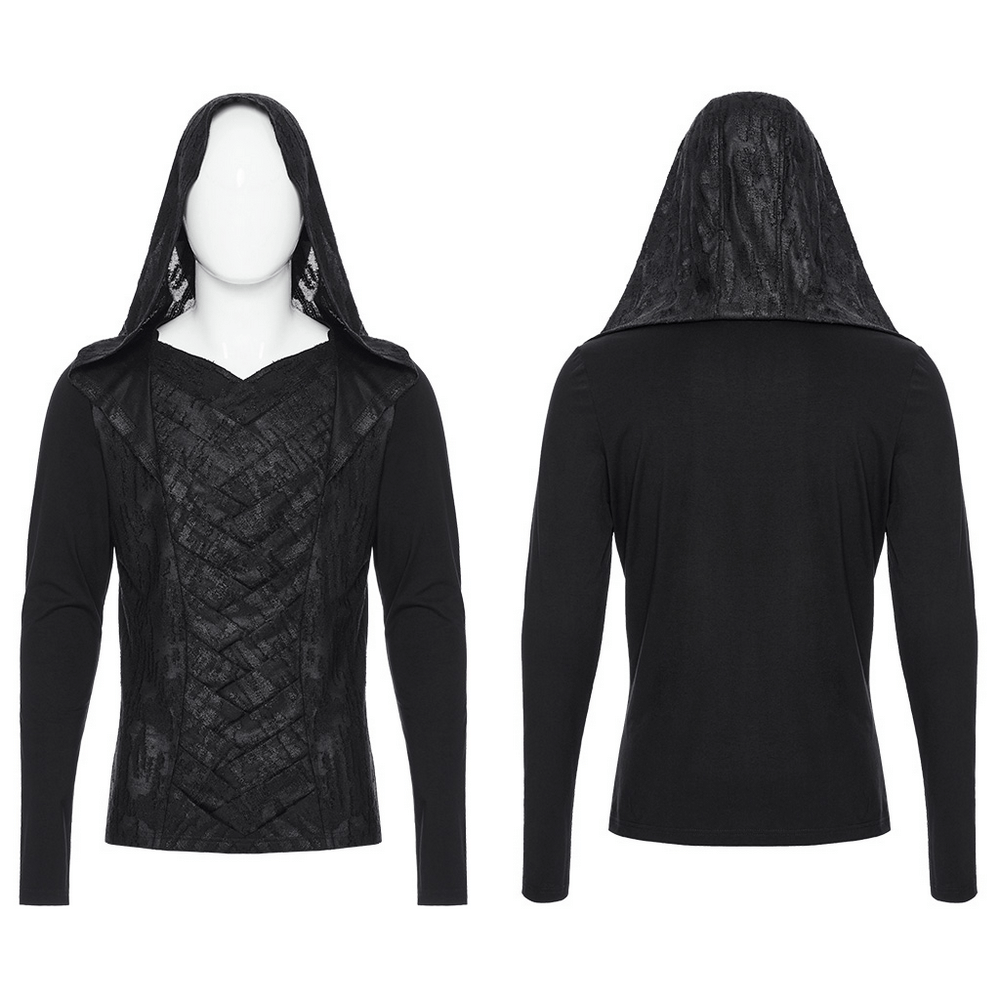 Men's gothic hooded top with overlapping design, showcasing tattered knit and black fabric, perfect for edgy style.