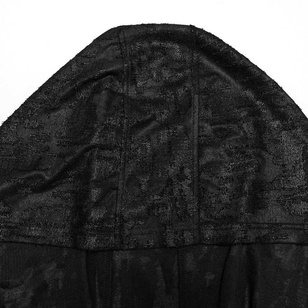 Close-up of the black hood on a men's gothic hooded top, showcasing the unique tattered knit texture and dark design.