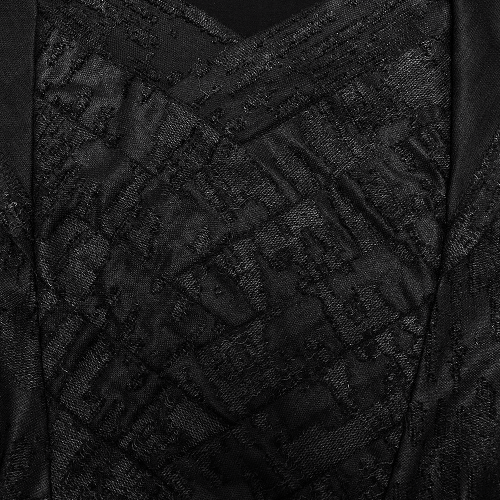 Close-up of men's gothic hooded top's textured black knit with overlapping front design, showcasing unique elegance.