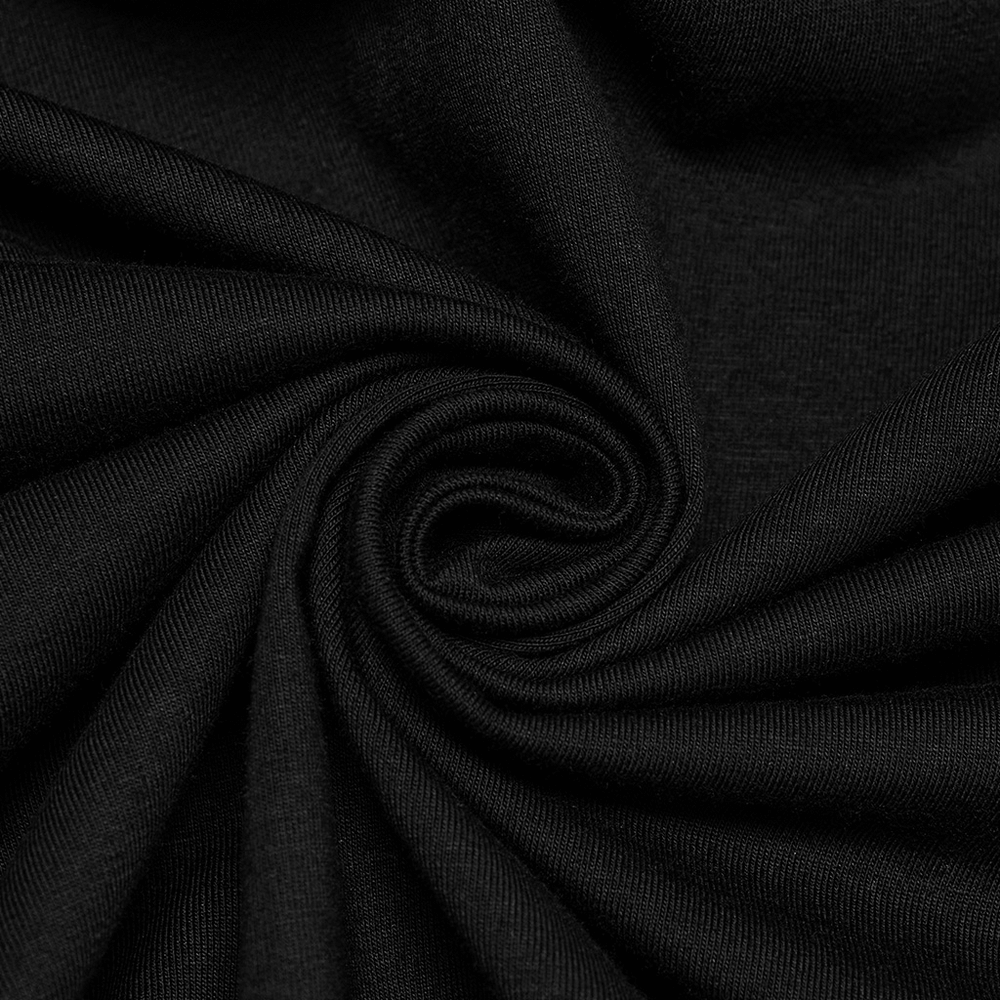 Close-up of soft, dark black fabric showcasing a smooth, tattered knit texture for gothic style apparel.