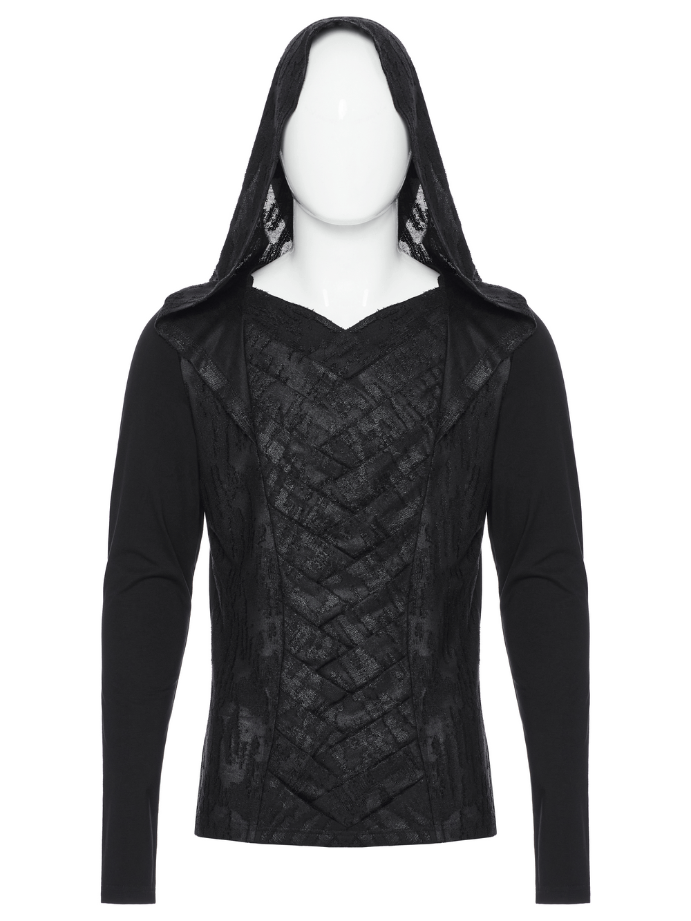 Men's Gothic Hooded Top with Unique Overlapping Front Design in Dark Knit Fabric. Perfect for alternative fashion.