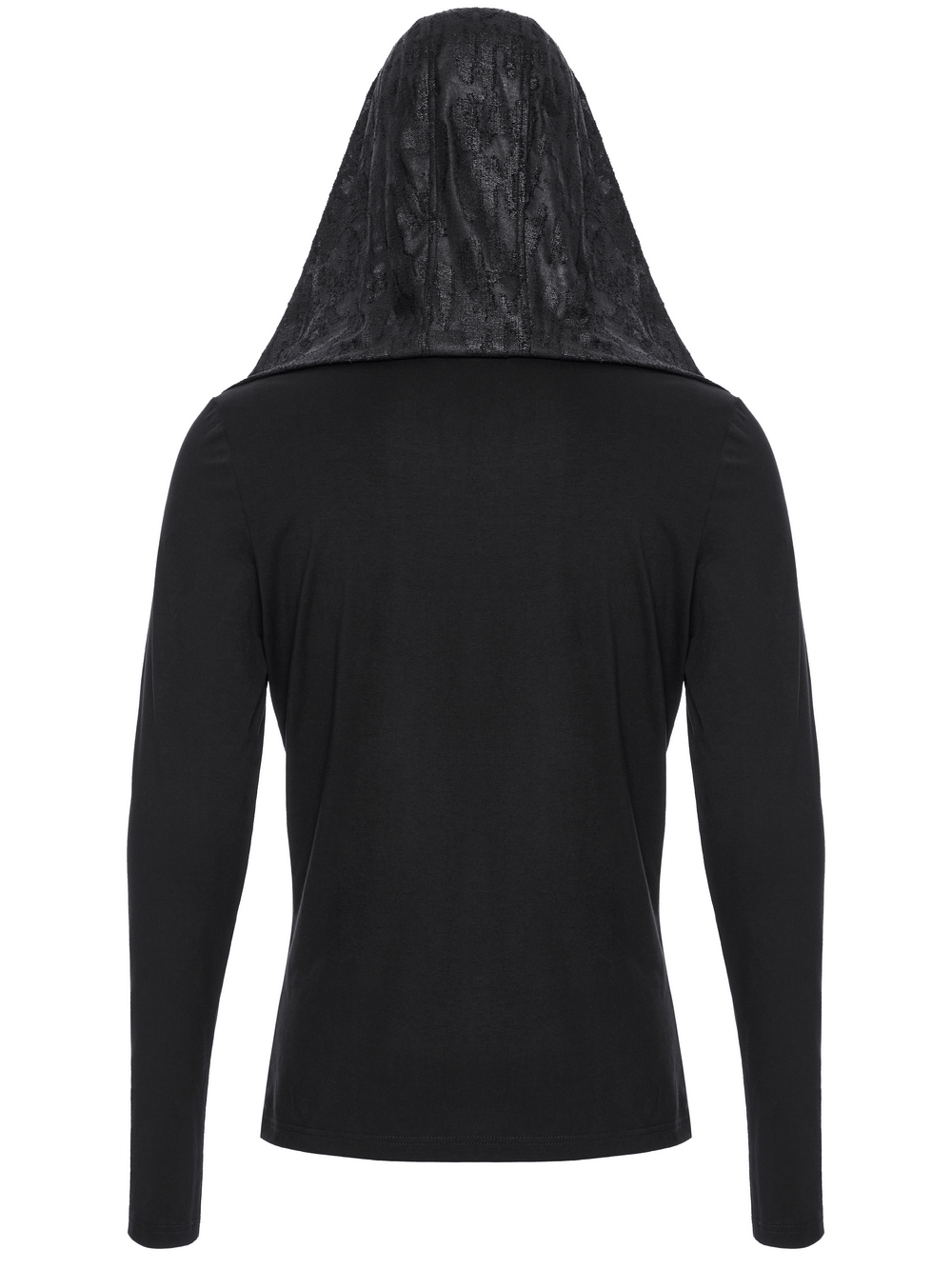 Back view of a men's gothic hooded top showcasing a stylish tattered knit design and dramatic hood for a unique look.