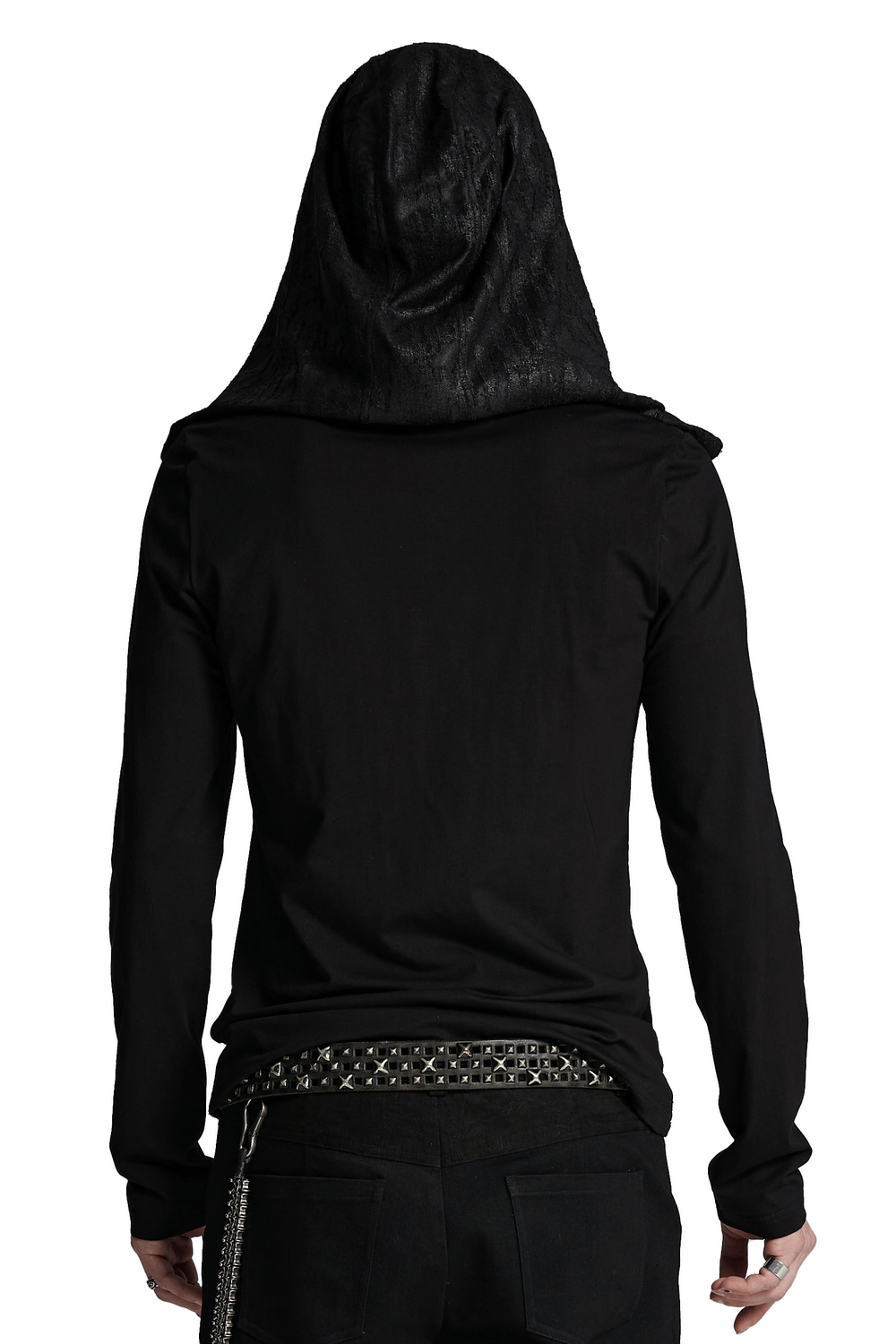 Men's gothic hooded top featuring a unique overlapping design and tattered knit details, styled from the back.