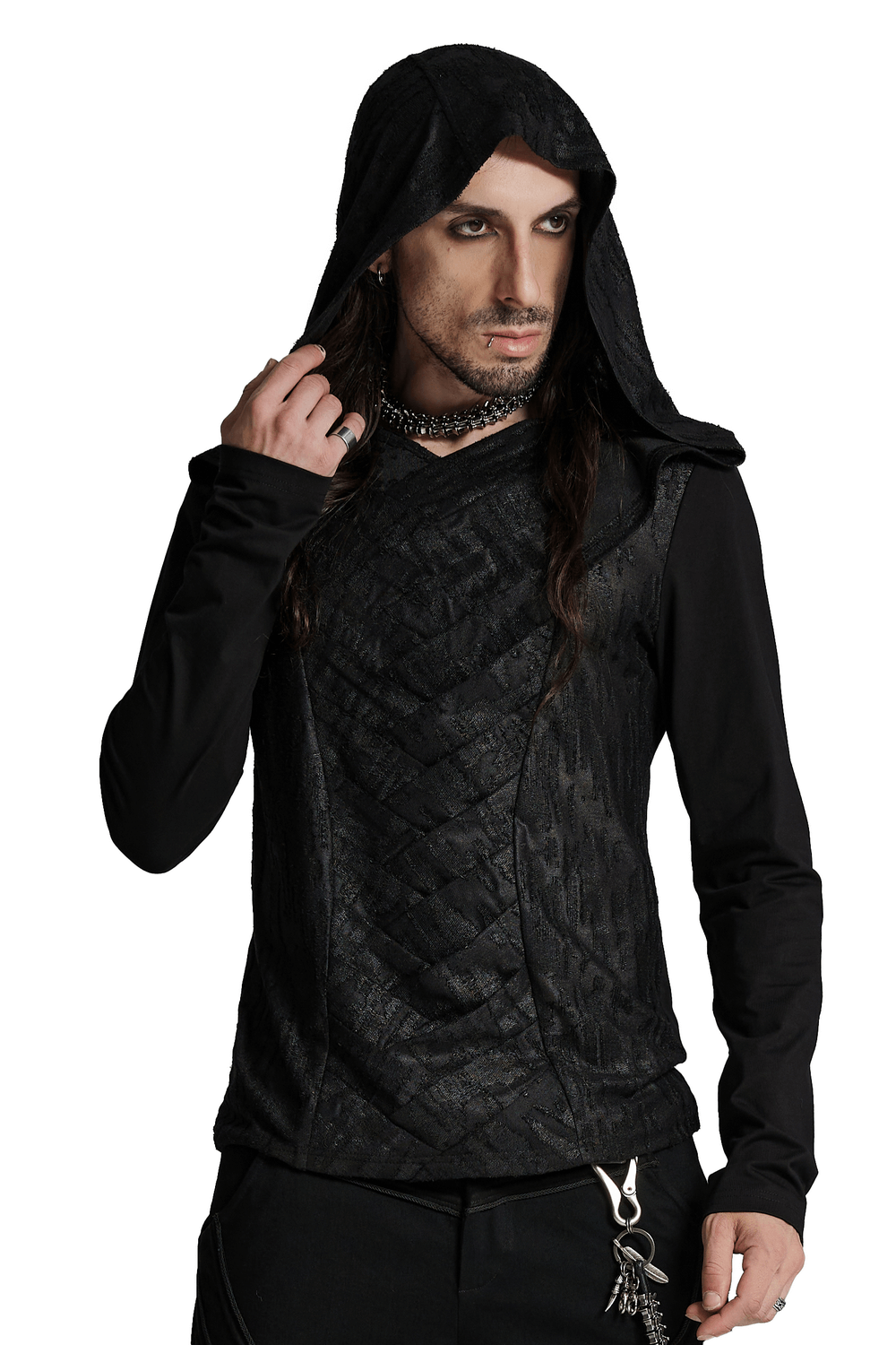 Men's gothic hooded top with overlapping design, featuring tattered knit fabric and a dark, edgy aesthetic.