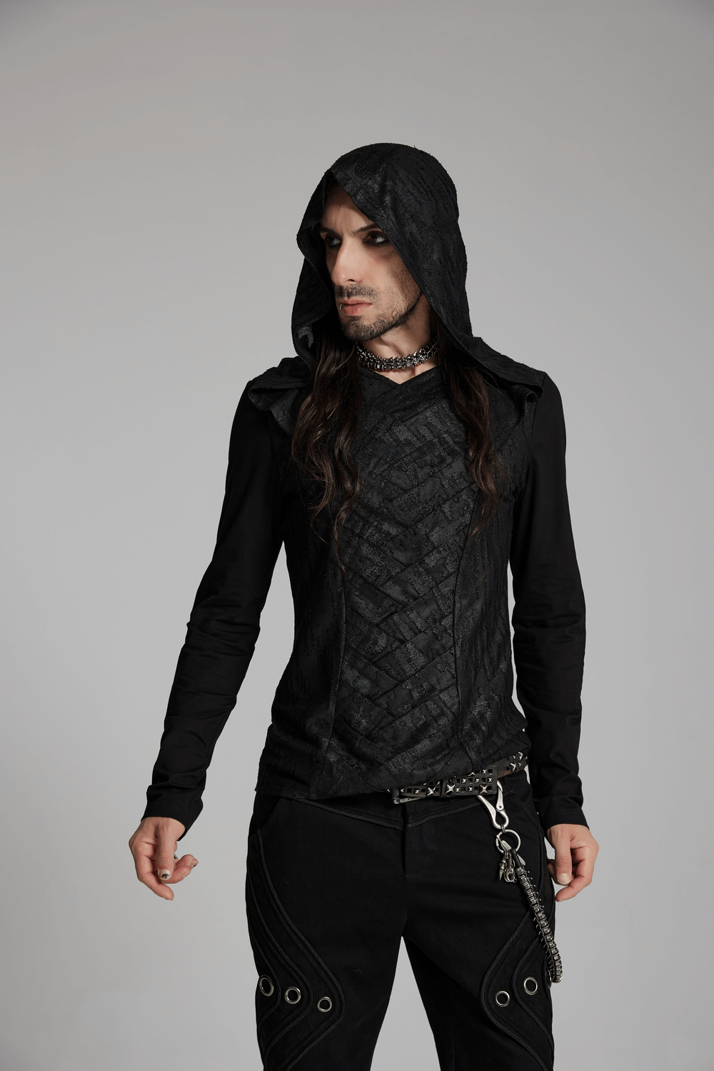 Men's gothic hooded top in dark tattered knit with unique overlapping front design, perfect for edgy, alternative fashion.