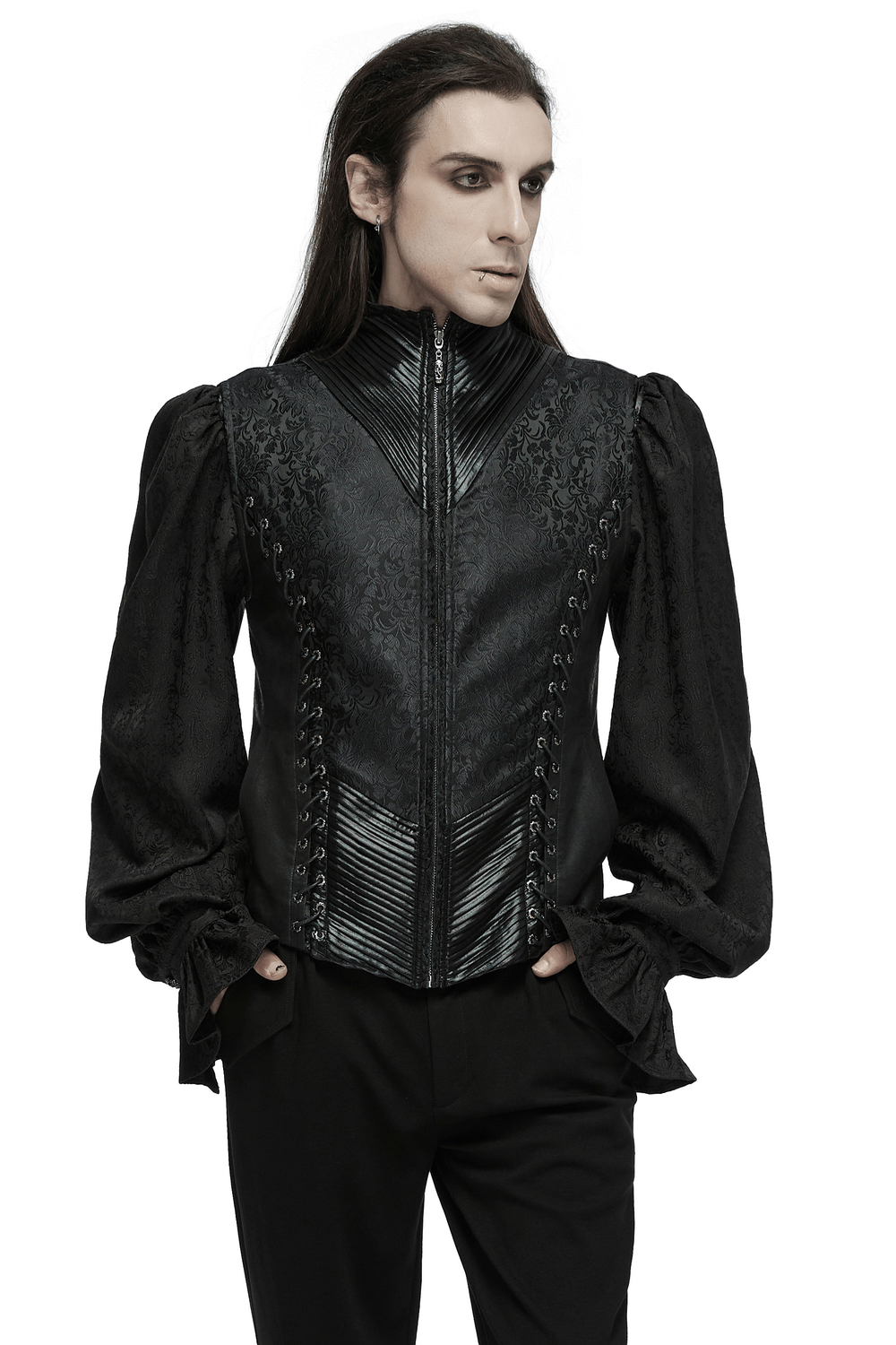 Men's gothic jacquard waistcoat with pleated fabric and eyelet lacing, blending elegance and functionality.