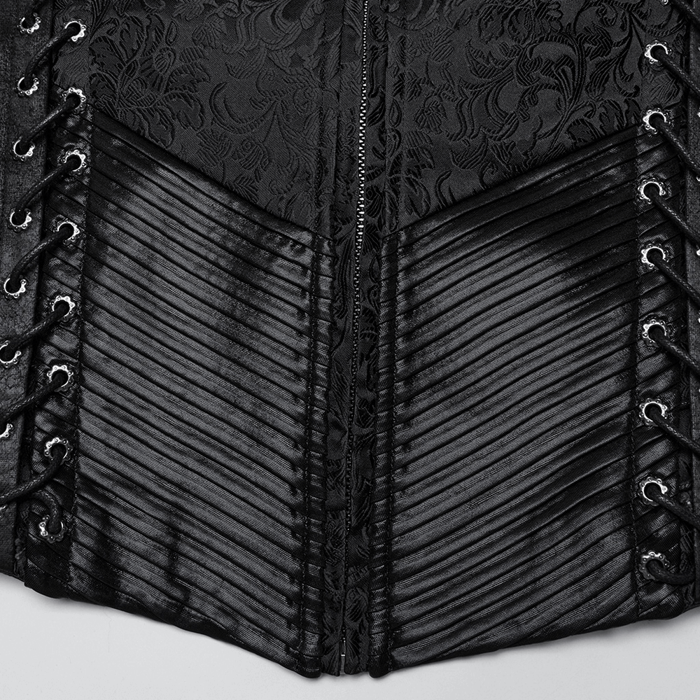 Close-up of men's gothic jacquard waistcoat featuring pleated fabric and plum blossom eyelet lacing details.