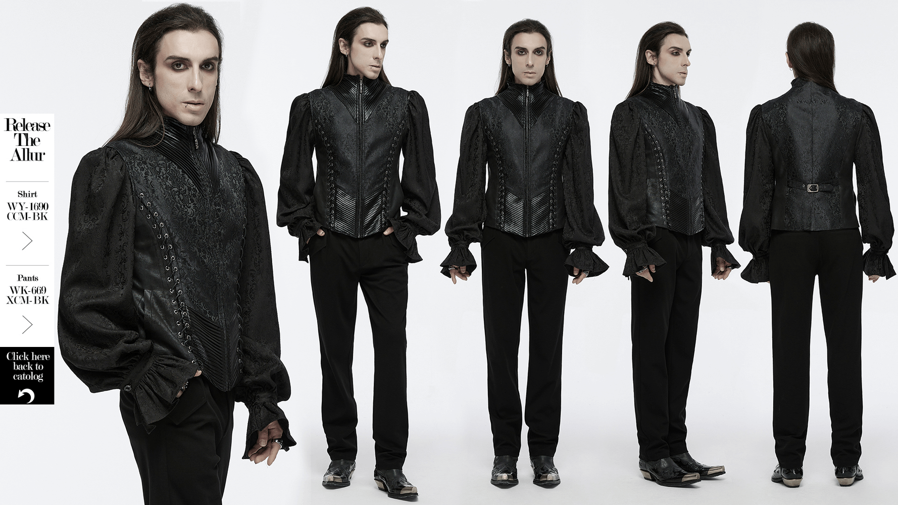 Men's gothic waistcoat with jacquard fabric and eyelet lacing, featuring adjustable back for a tailored fit. Stylish and functional look.