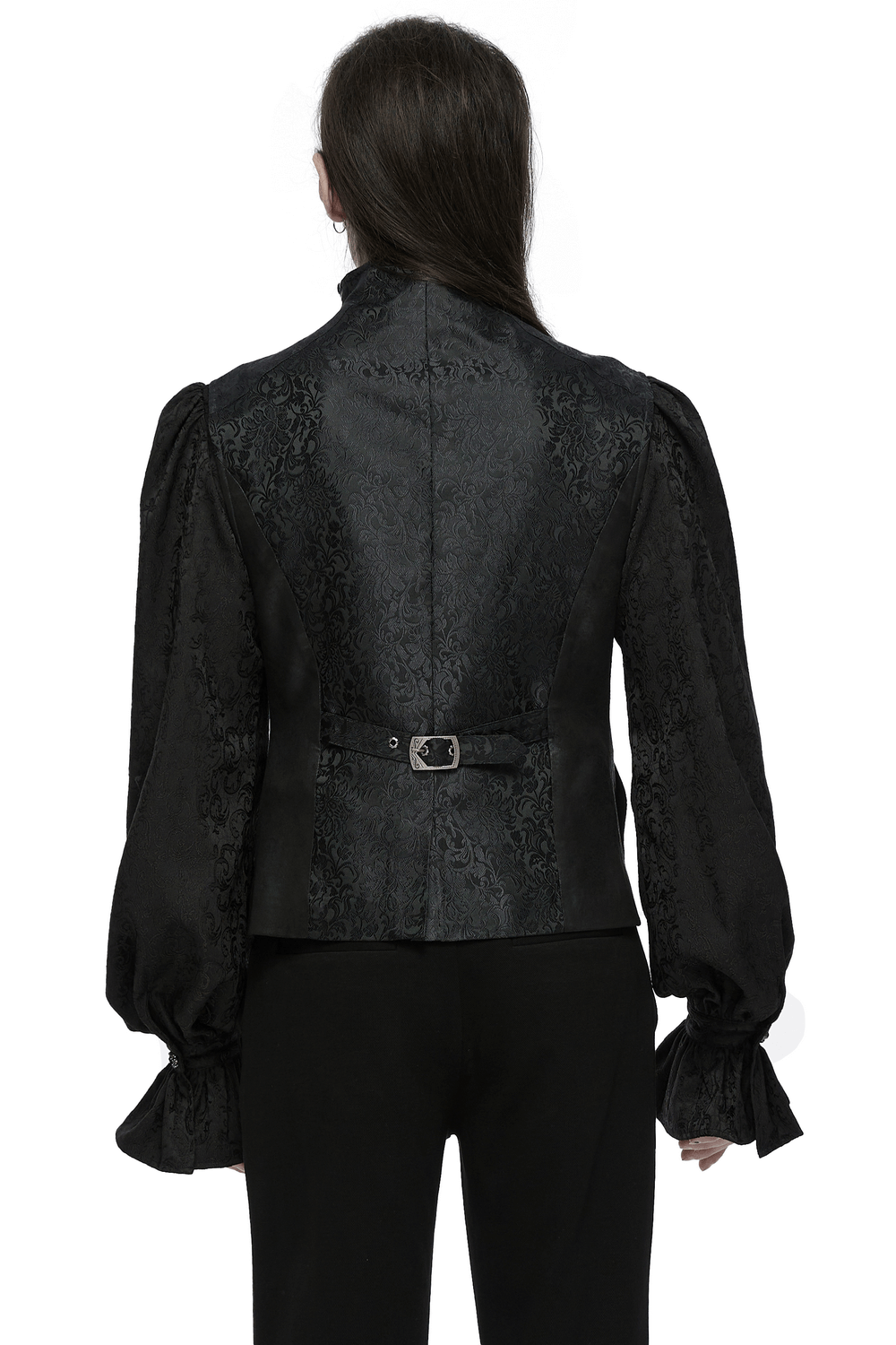 Back view of a men's gothic jacquard waistcoat with pleated fabric and adjustable waist, showcasing elegant puff sleeves.