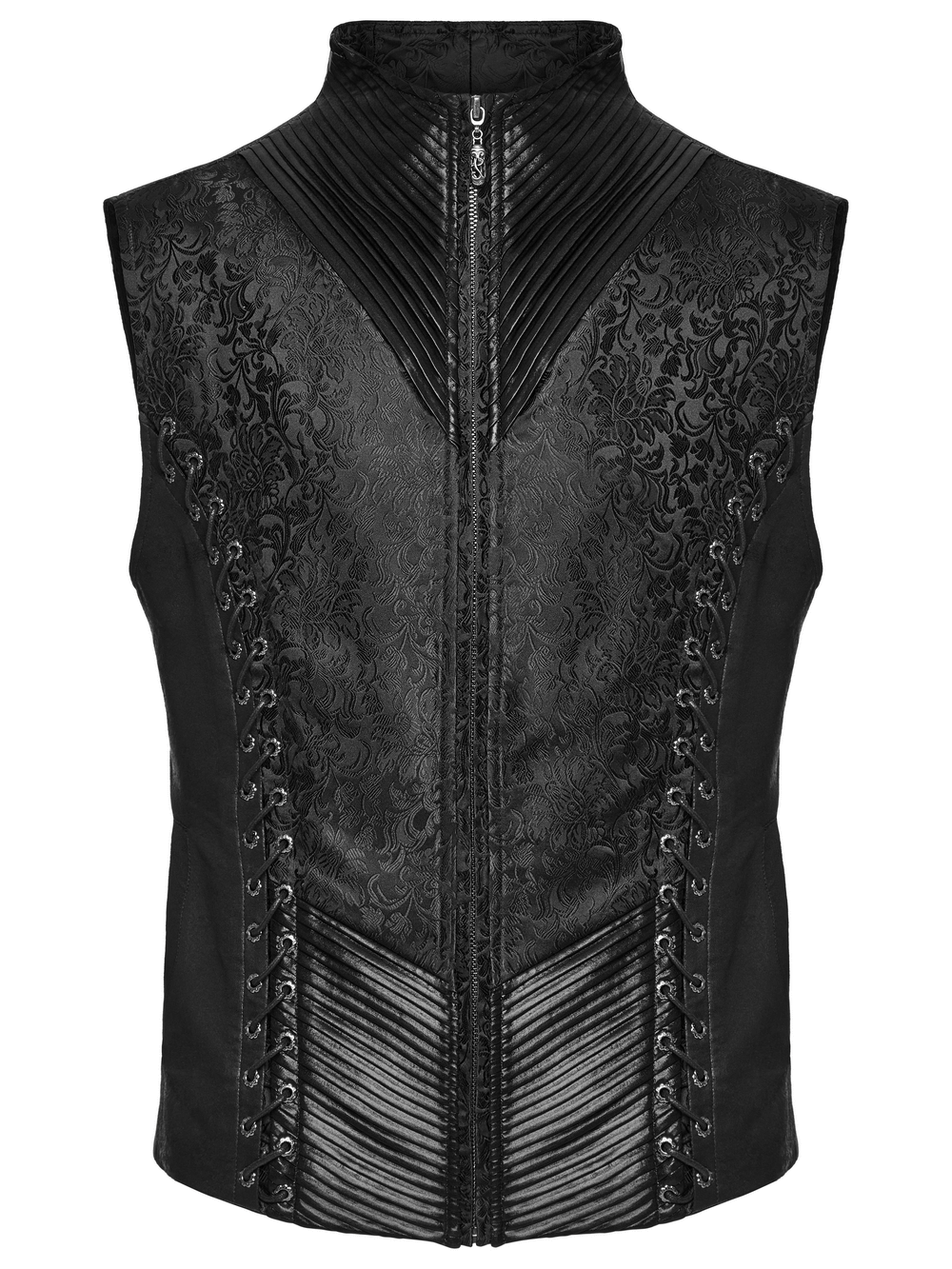 Men's gothic jacquard waistcoat featuring textured fabric and striking eyelet lacing for a tailored fit.