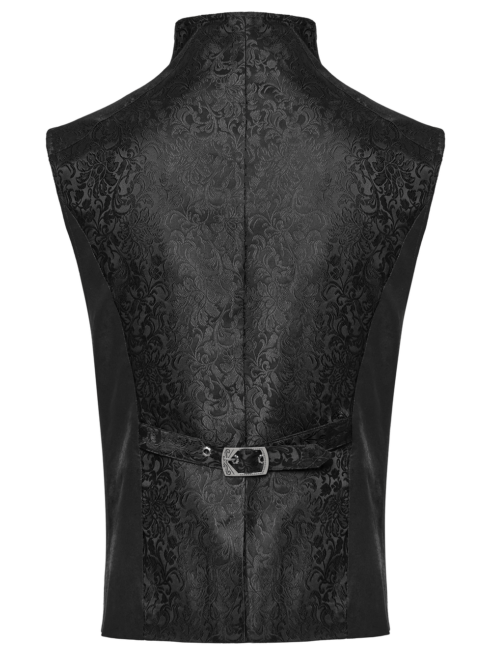 Back view of men's gothic jacquard waistcoat with detailed lacing and adjustable back loop for a tailored fit.