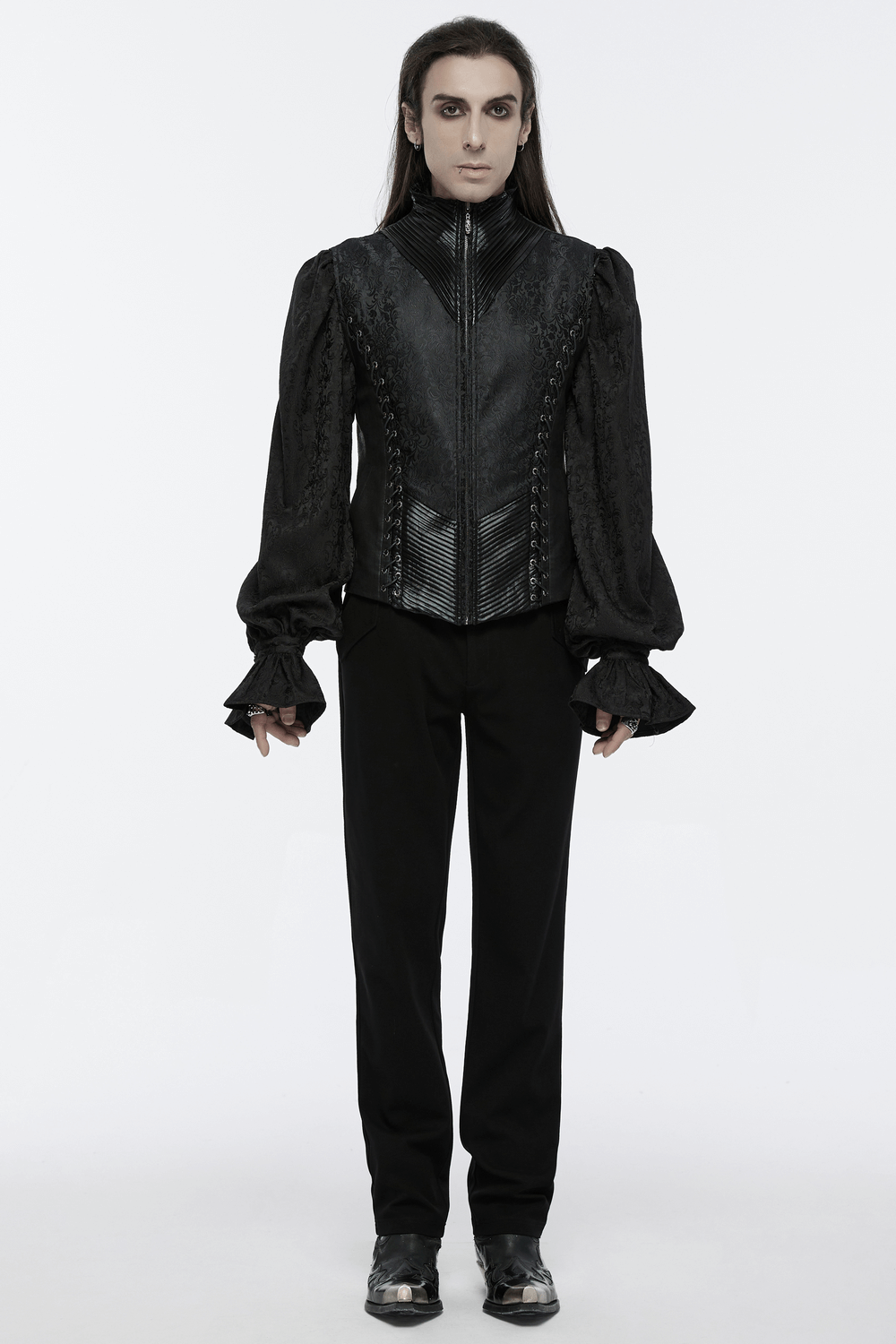 Gothic-inspired men's outfit featuring a textured black jacket with puffed sleeves and stylish black trousers.