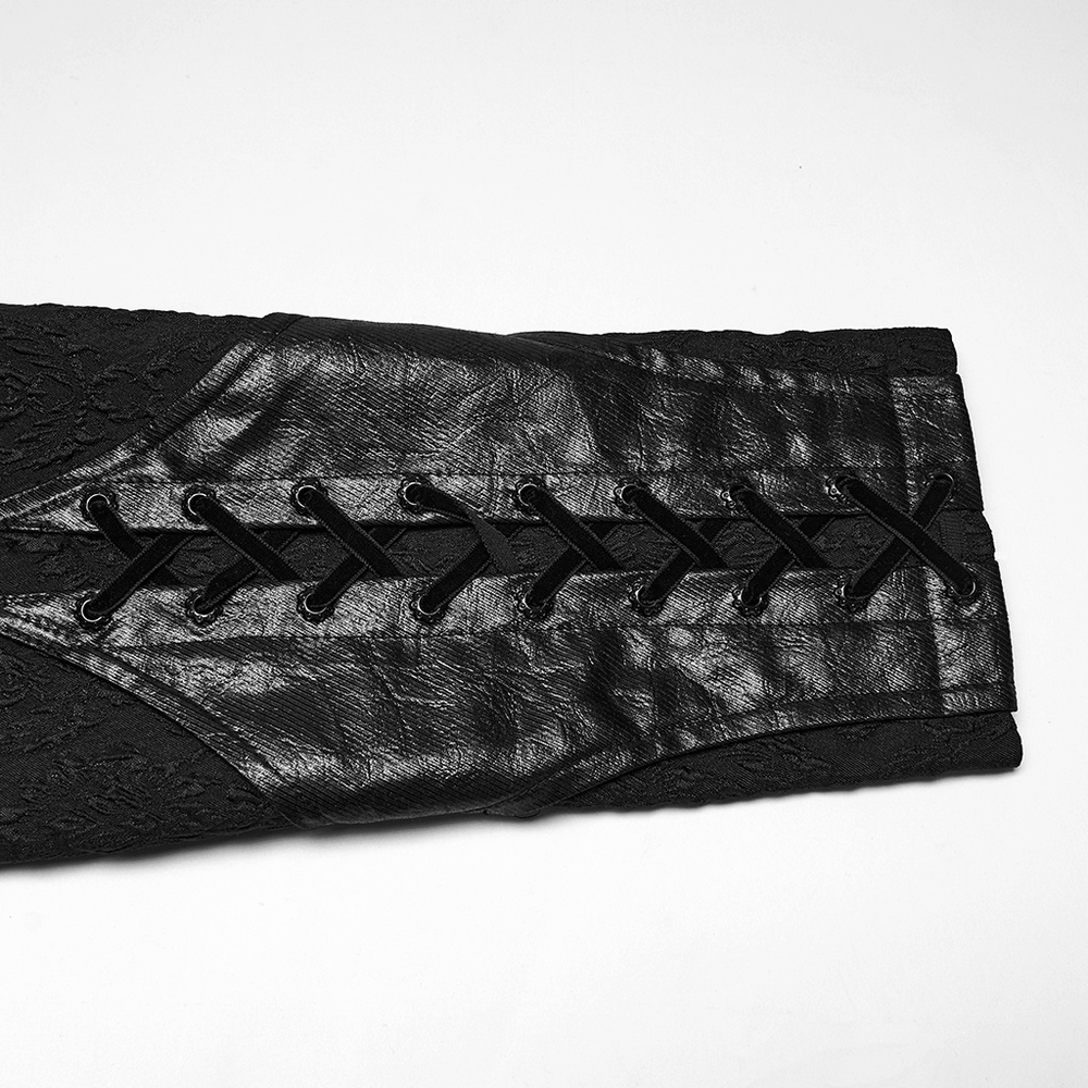 Men's Gothic Jacquard Coat with Bat Lapel and Details, showcasing intricate lace-up detail on the sleeve.