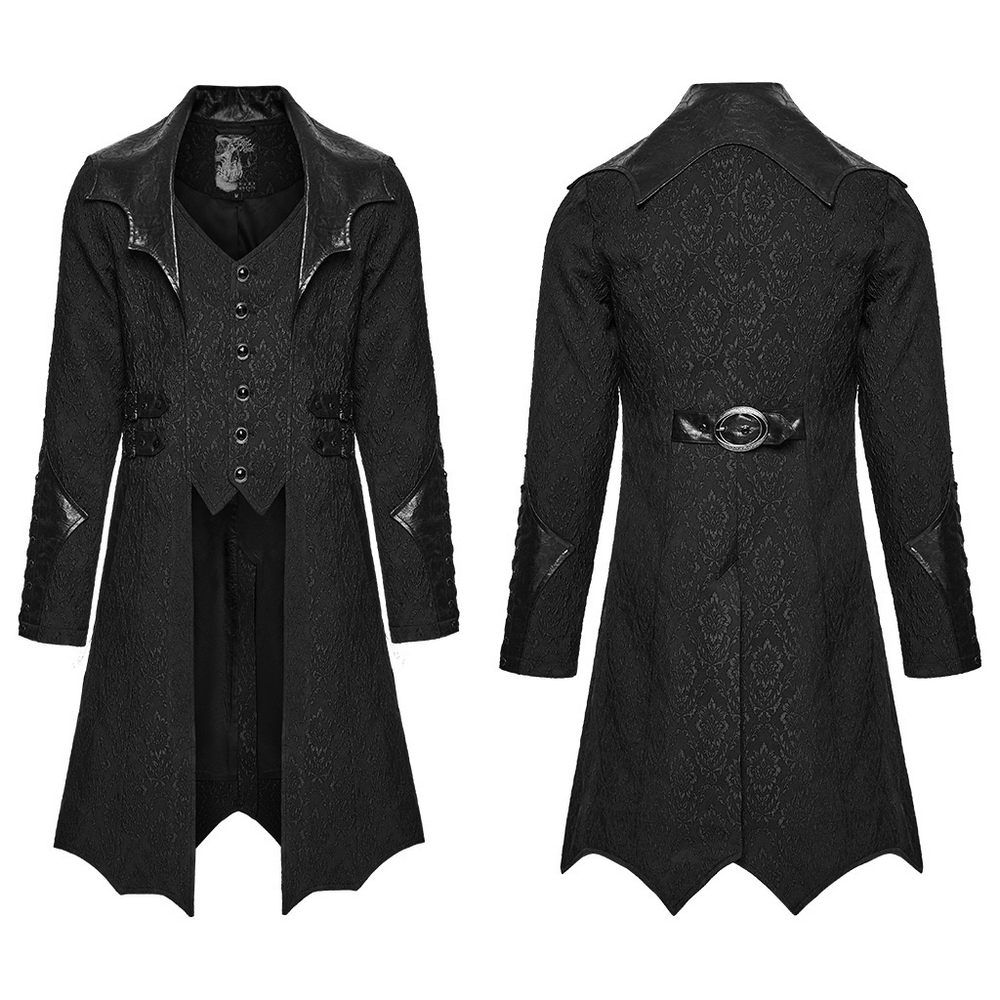 Men's Gothic Jacquard Coat with Bat Lapel and Details in black with bat collar and gemstone buttons