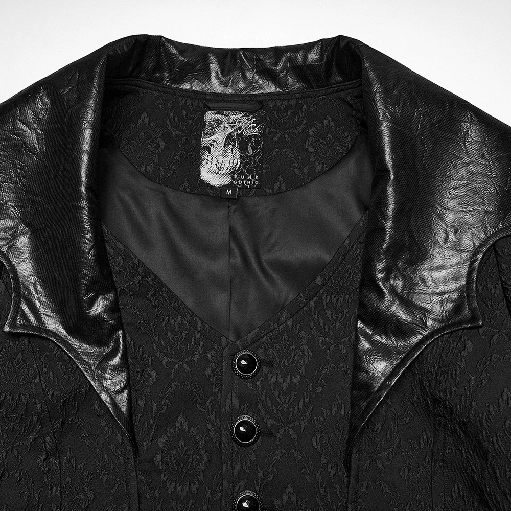 Men's Gothic Jacquard Coat with Bat Lapel and Details featuring a dramatic bat collar and gemstone buttons.