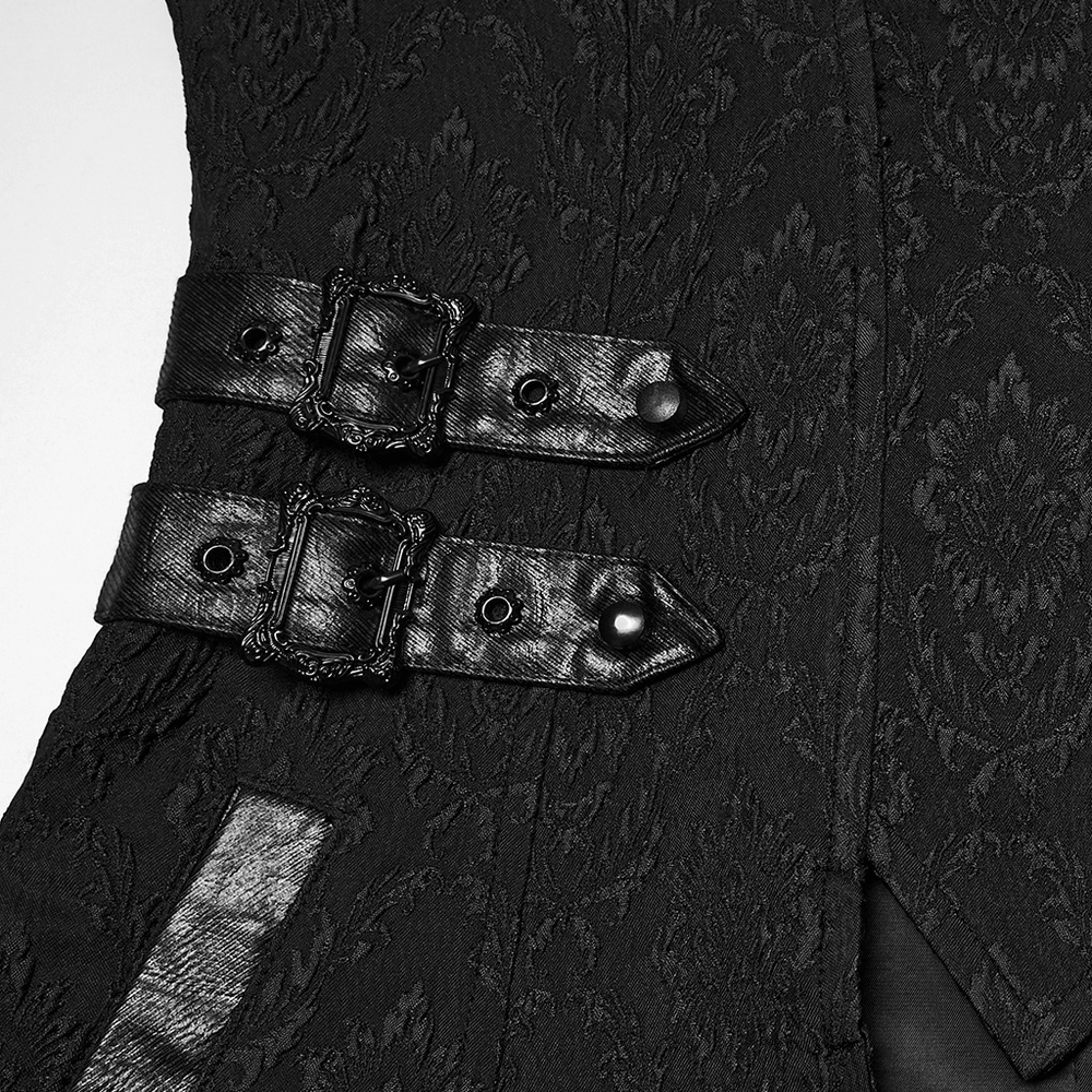 Men's Gothic Jacquard Coat with Bat Lapel and Details showcasing ornate buckle details and rich jacquard fabric.