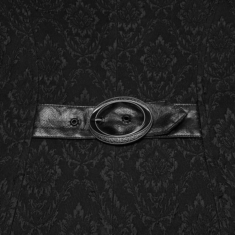 Men's Gothic Jacquard Coat with Bat Lapel and Details featuring a stylish belt with ornate buckle.