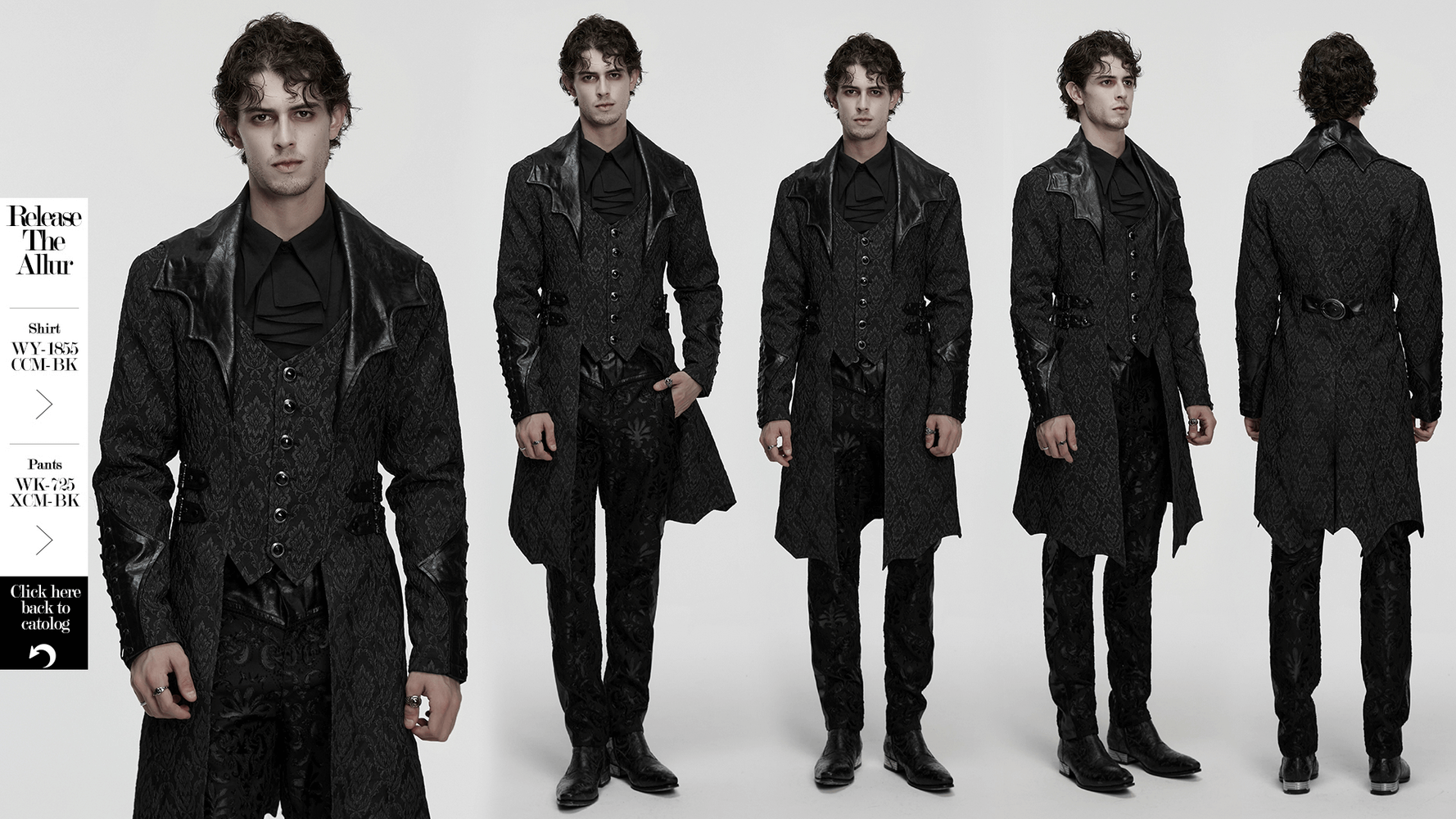 Men's Gothic Jacquard Coat with Bat Lapel and Details worn by a model from multiple angles, showcasing its dramatic silhouette.
