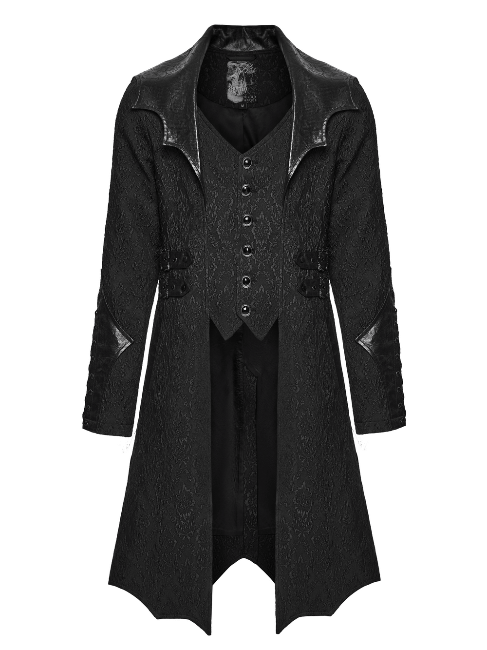 Men's Gothic Jacquard Coat with Bat Lapel and Details featuring gemstone buttons and dramatic design.