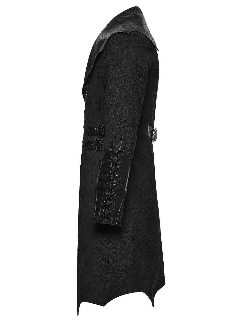 Men's Gothic Jacquard Coat with Bat Lapel and Details, showcasing intricate design and sleek silhouette.