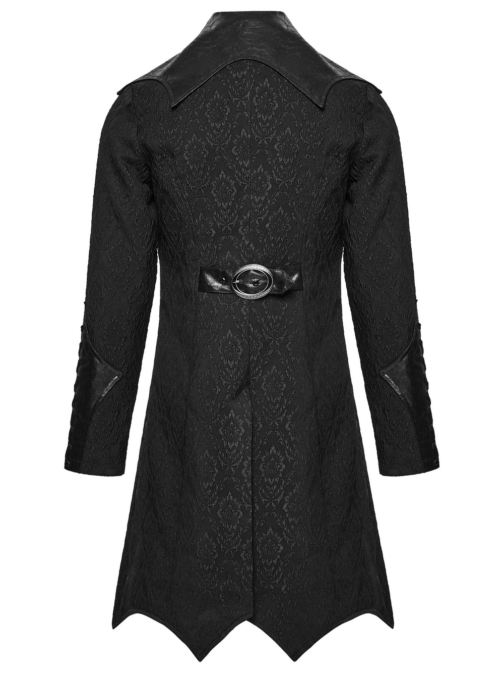 Men's Gothic Jacquard Coat with Bat Lapel and Details showcasing the back design and detailing.
