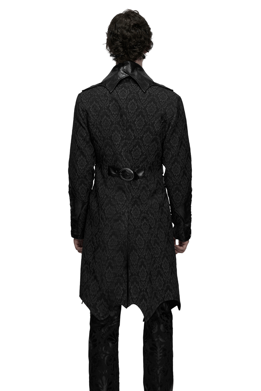 Men's Gothic Jacquard Coat with Bat Lapel and Details showcased from the back, highlighting the dramatic silhouette.