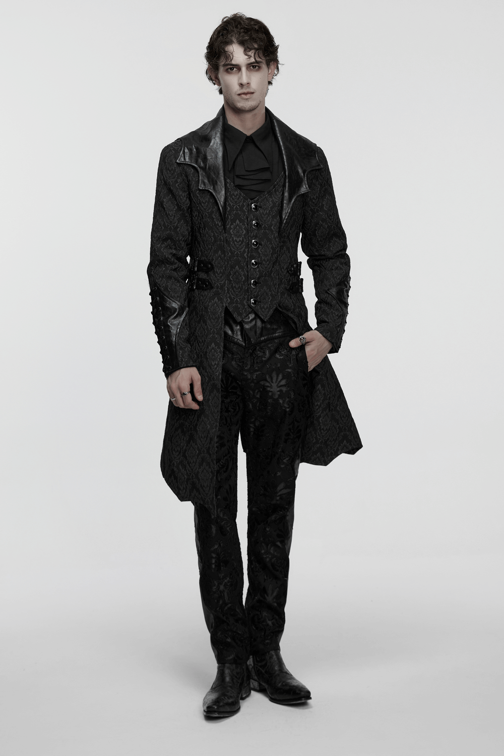 Men's Gothic Jacquard Coat with Bat Lapel and Details worn by model, featuring bat collar and gemstone buttons.