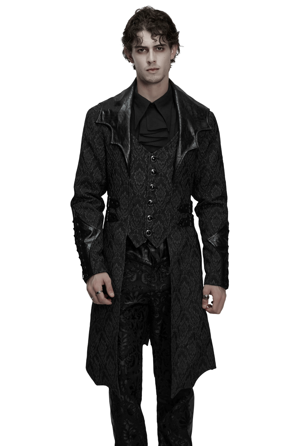 Men's Gothic Jacquard Coat with Bat Lapel and Details worn by a model featuring intricate designs and dramatic silhouette.