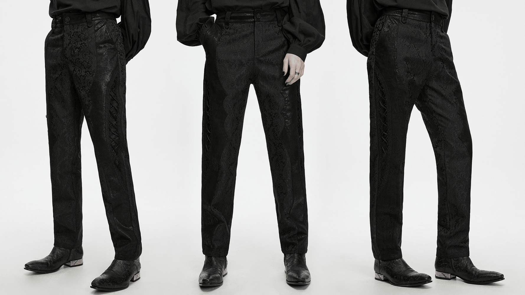 Men's Gothic Jacquard Court Pants with Suede Panels, Victorian dark trousers with vine pattern and tailored straight-leg fit