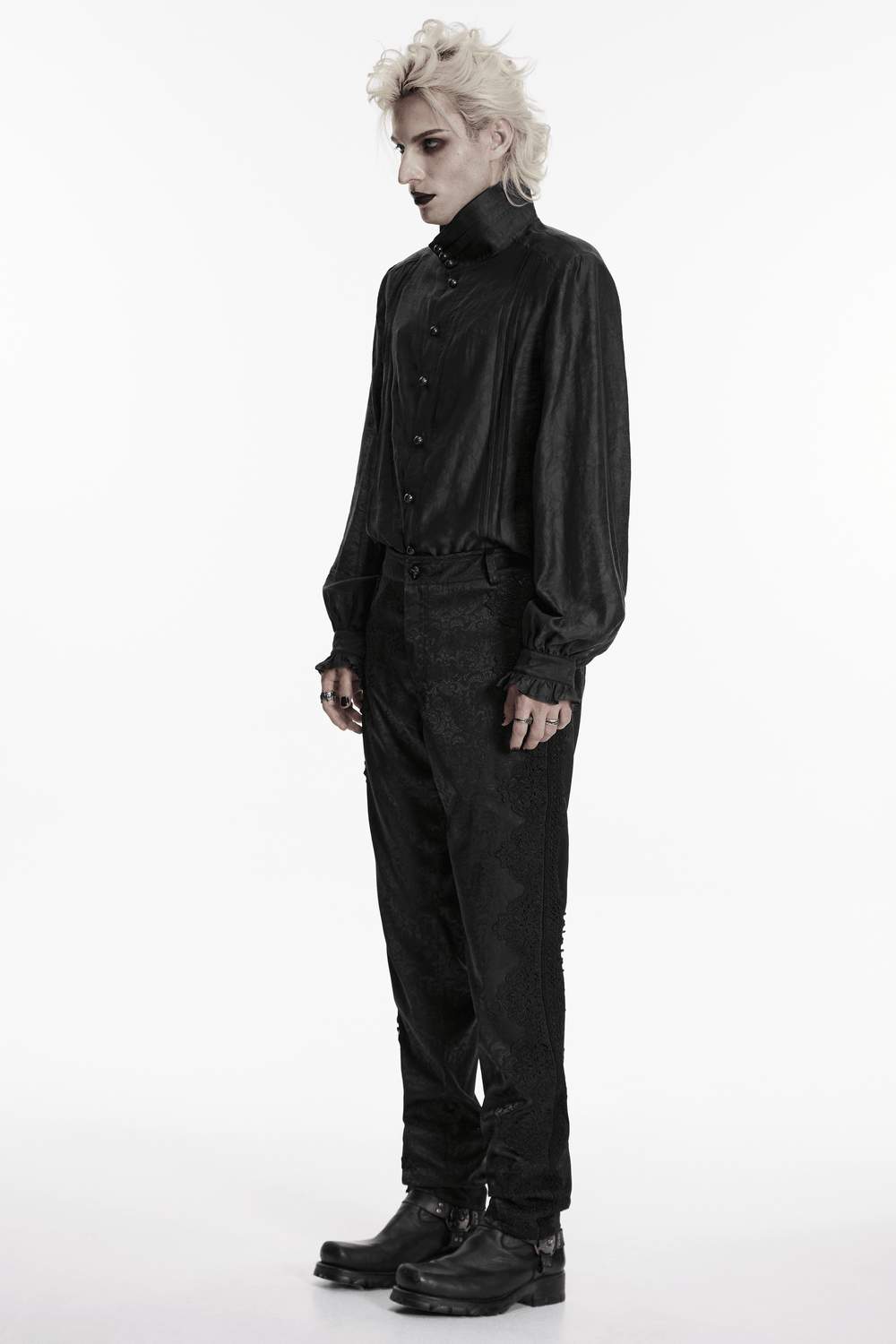 Men's Gothic Jacquard Pants with Baroque Pattern worn by a model, exuding an edgy aesthetic.