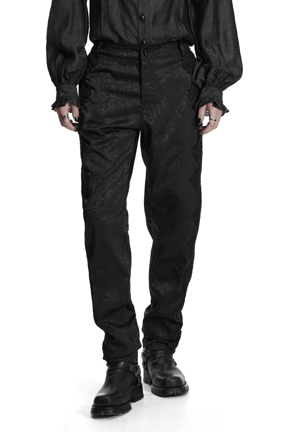 Men's Gothic Jacquard Pants with Baroque Pattern showcased in stylish black ensemble.