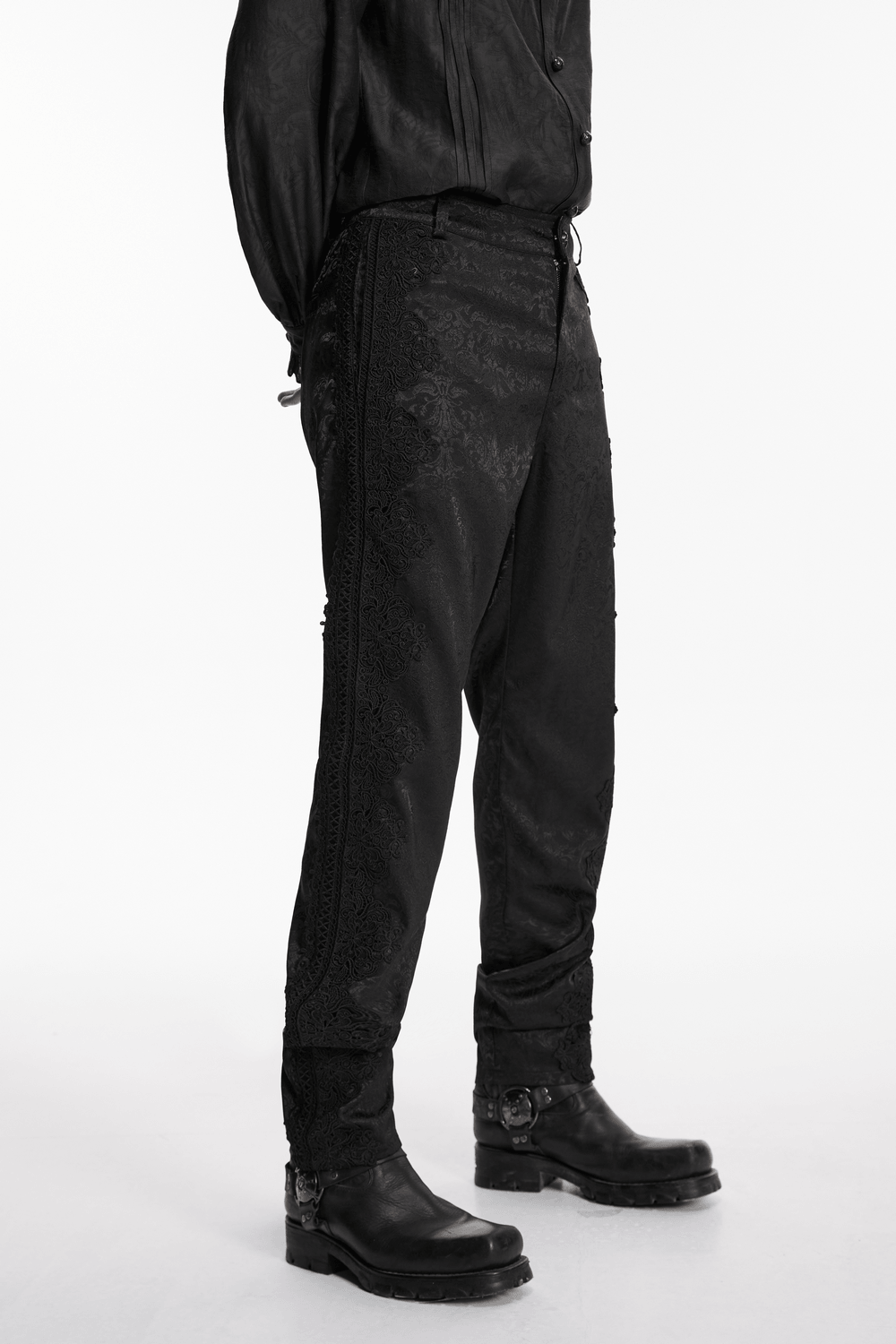 Men's Gothic Jacquard Pants with Baroque Pattern paired with stylish black boots.