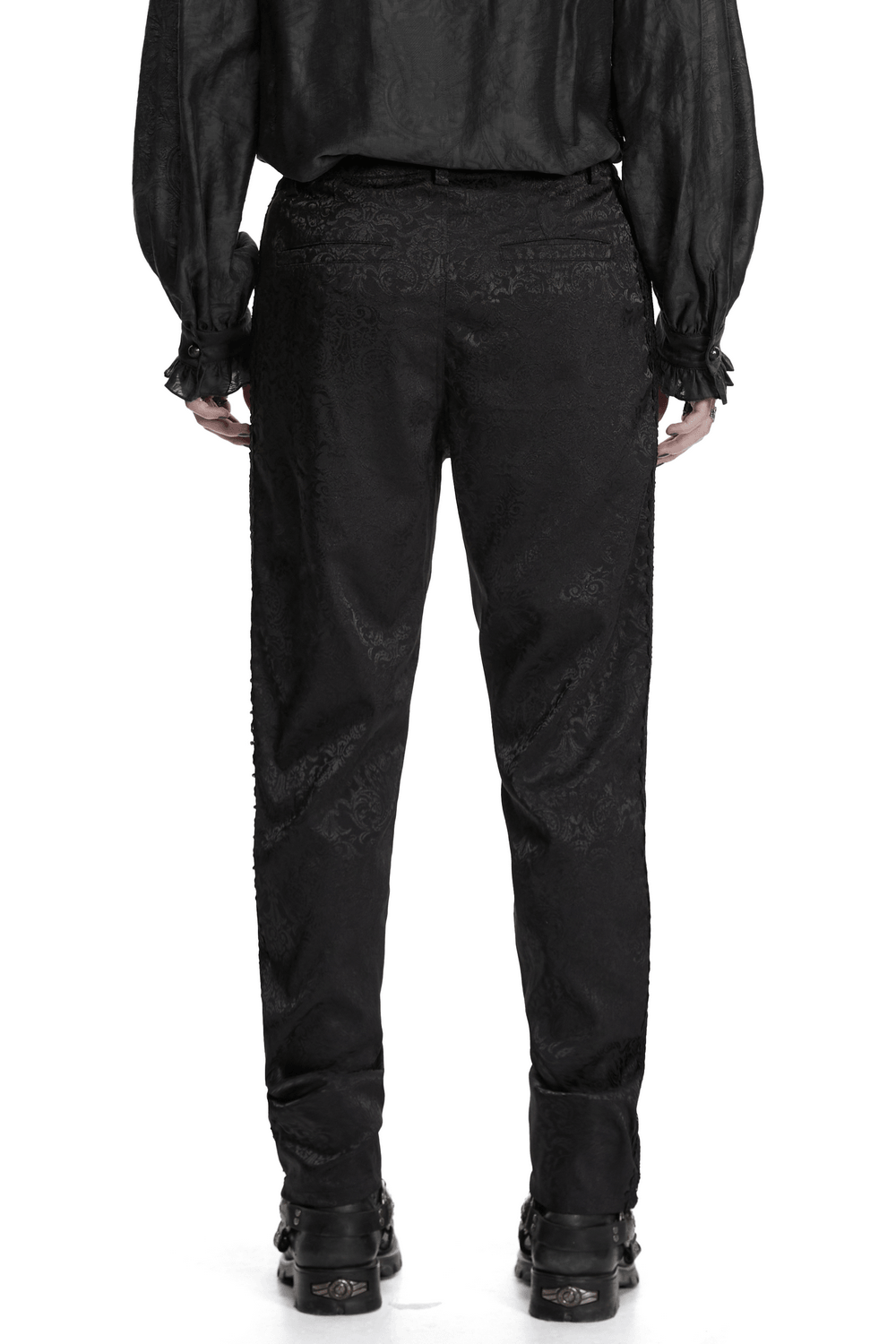 Men's Gothic Jacquard Pants with Baroque Pattern viewed from the back, showcasing intricate fabric design.