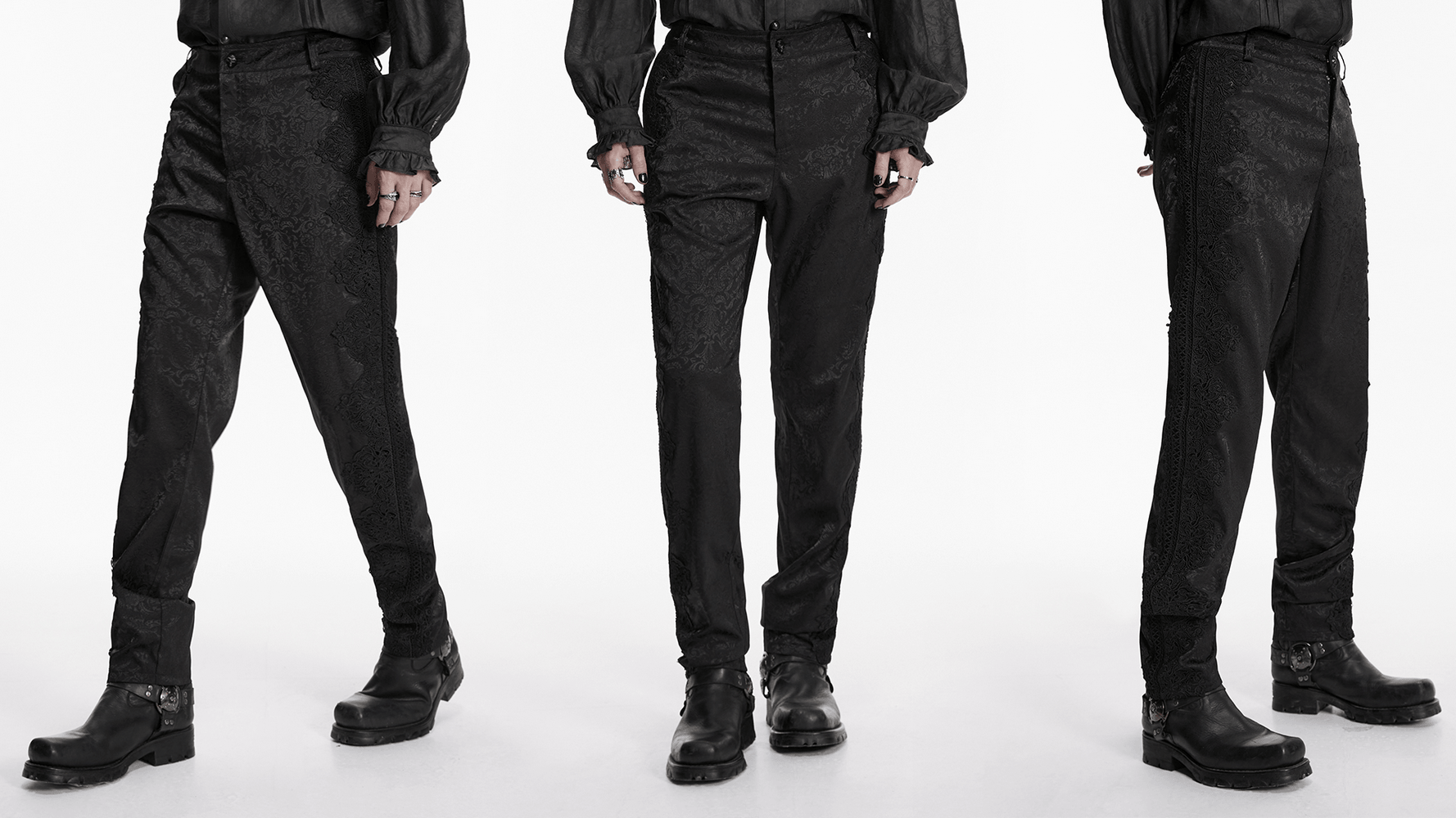 Men's Gothic Jacquard Pants with Baroque Pattern displayed from multiple angles.