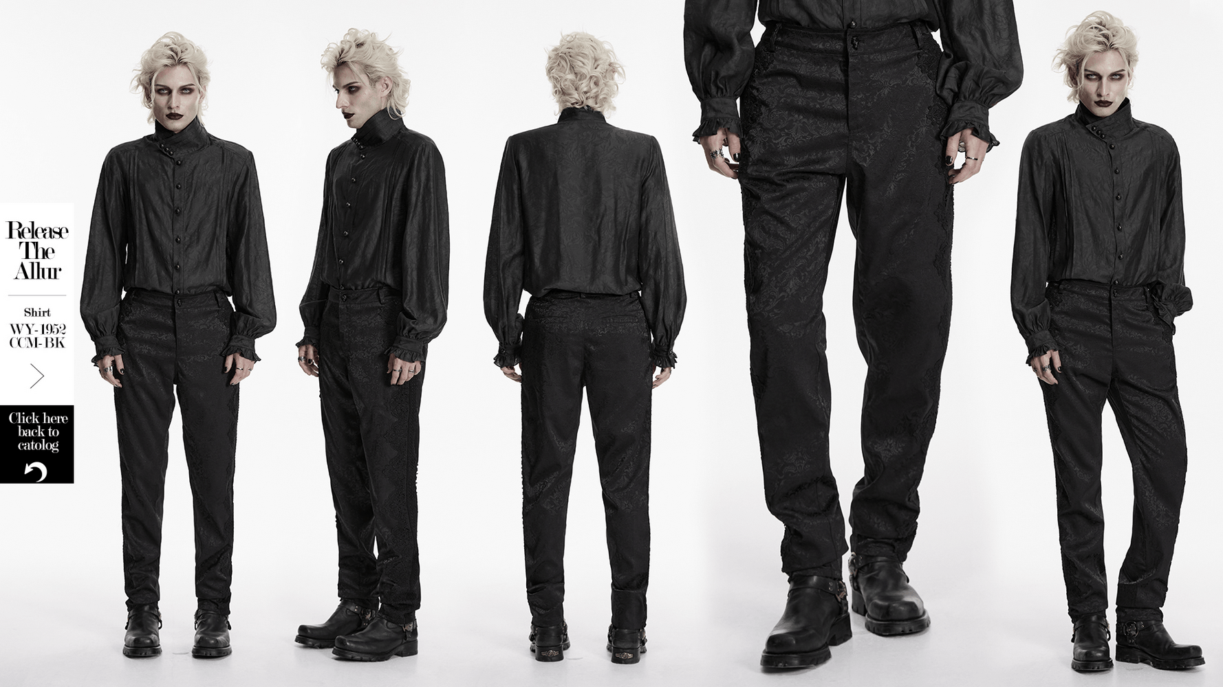 Men's Gothic Jacquard Pants with Baroque Pattern showcased on a model in various poses.