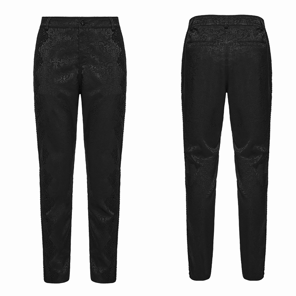 Men's Gothic Jacquard Pants with Baroque Pattern shown from front and back with intricate design.