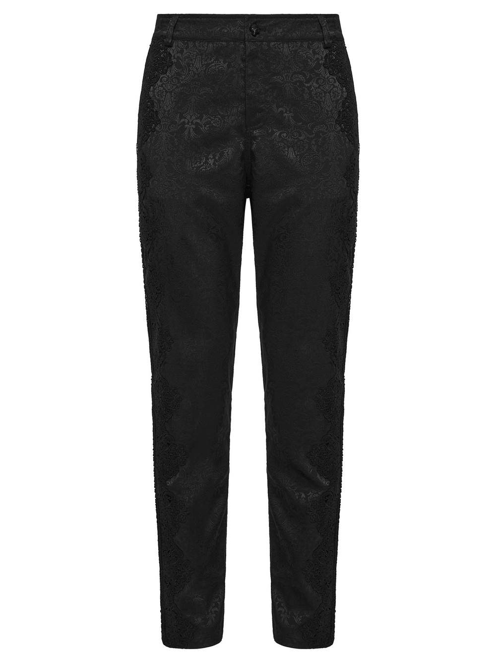 Men's Gothic Jacquard Pants with Baroque Pattern showcasing intricate black floral design.