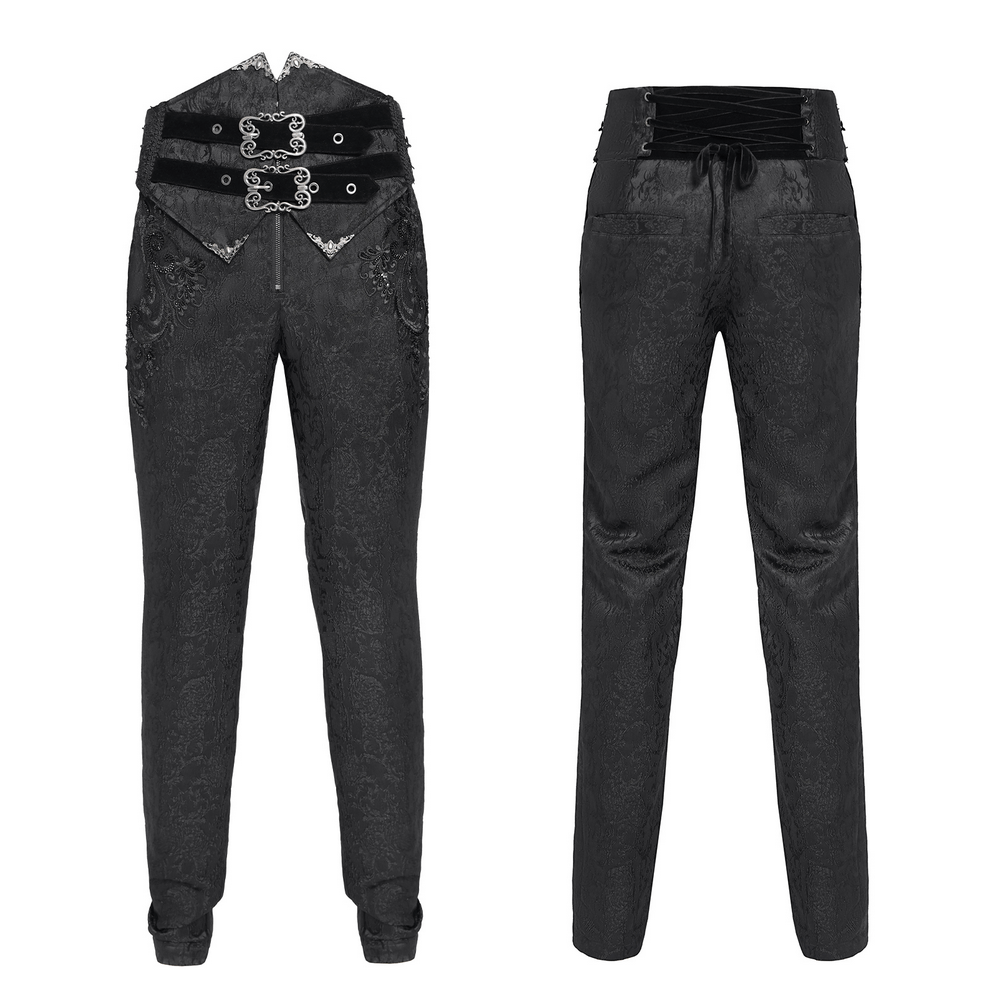 Men's gothic jacquard pants featuring a velvet waist and ornate brocade, with double front buckles and slim-fit design.